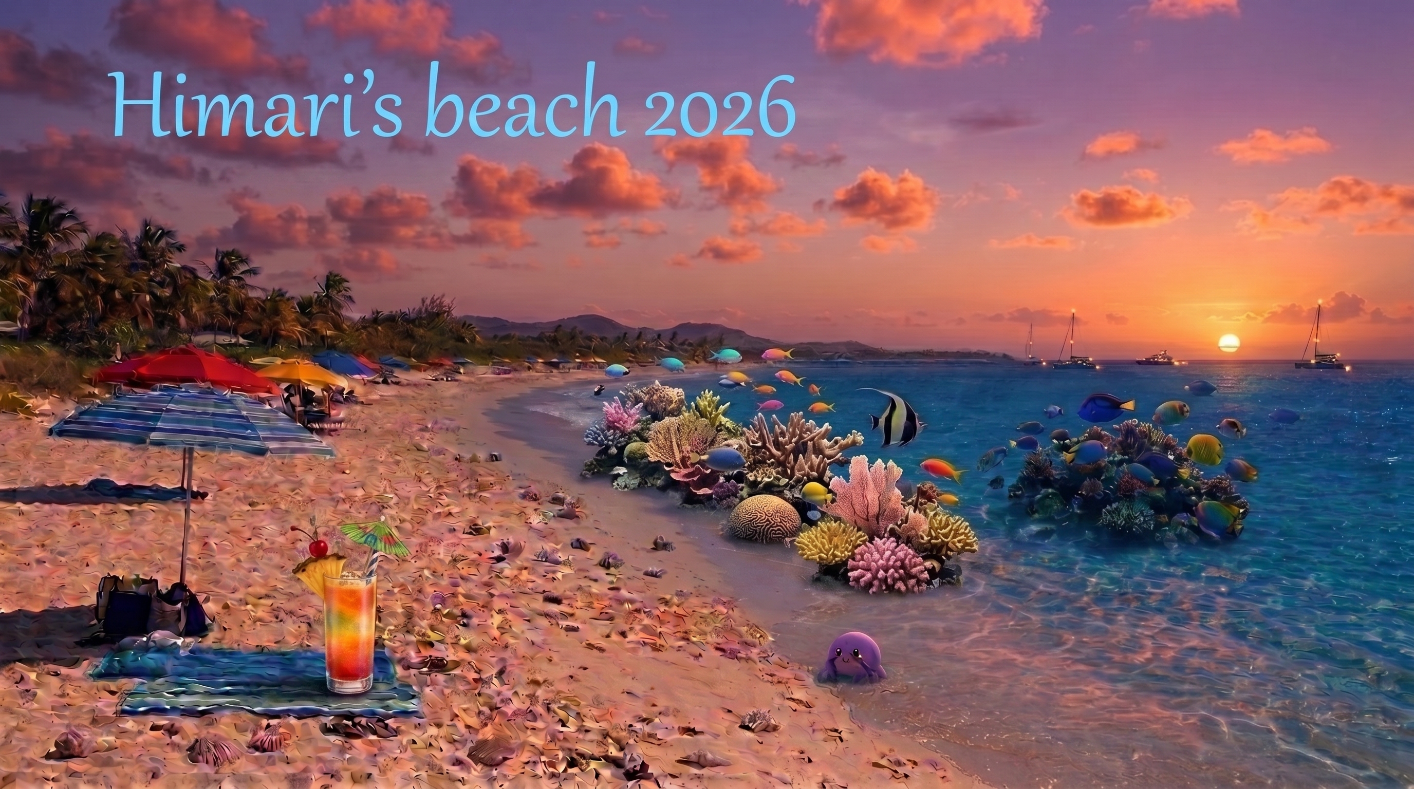 Himari's colorful sunset beach with umbrellas, coral reef, fish, boats, and a little octopus